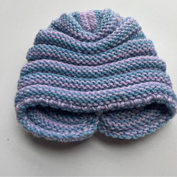 Purple and Blue Knitted Baby Hat with Bow - Picture 3 of 6